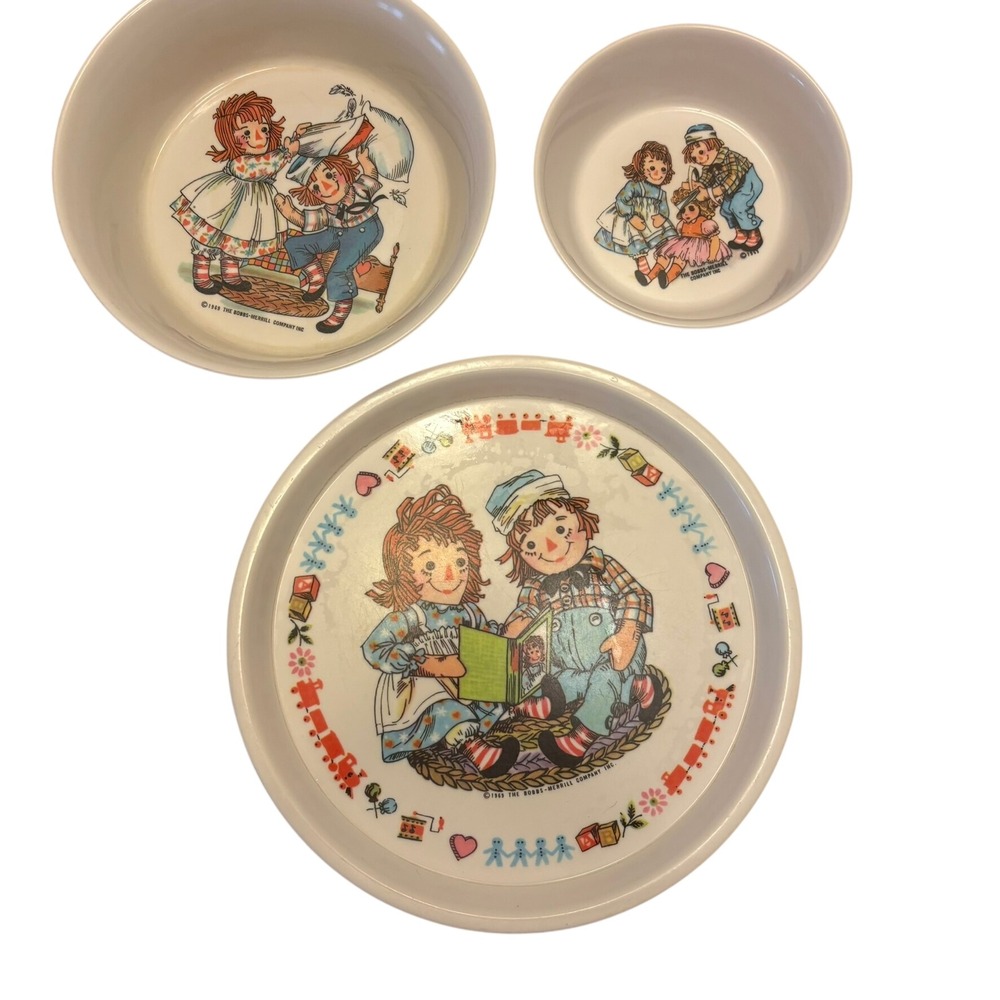 Vintage Raggedy Ann & Andy Children's Dish Set Plate Bowls ©1975 Bobbs-Merrill